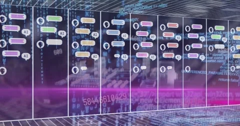 Animation of chat boxes with ai texts, computer language and numbers over 3d Stock Footage 257103124