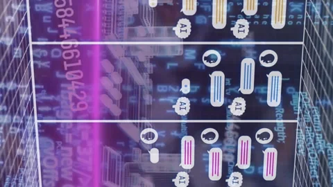 Animation of chat boxes with ai texts, computer language and numbers over 3d Stock Footage 312644800