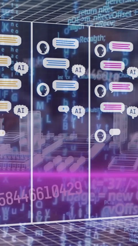 Animation of chat boxes with ai texts, computer language and numbers over 3d Stock Footage 323577827