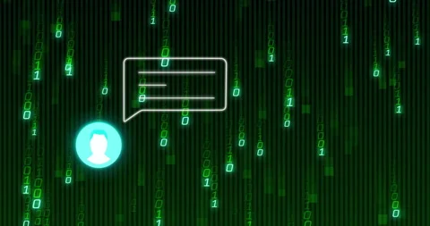 Animation of chat bubble and user icon over digital binary code background Stock Footage 304643623