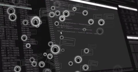 Animation of chat bubbles and silhouettes over computer code in school setting Stock Footage 304768590