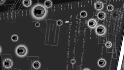 Animation of chat bubbles and silhouettes over computer code in school setting Stock Footage 313297072