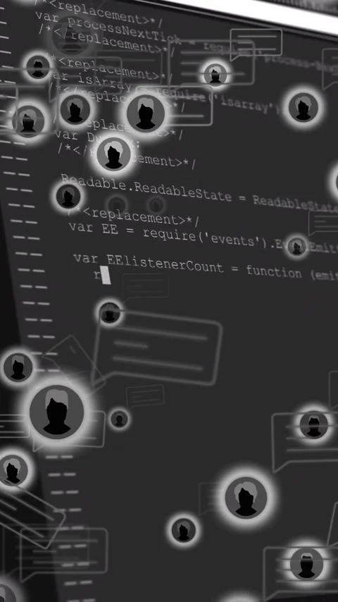 Animation of chat bubbles and silhouettes over computer code in school setting Stock Footage 319617399