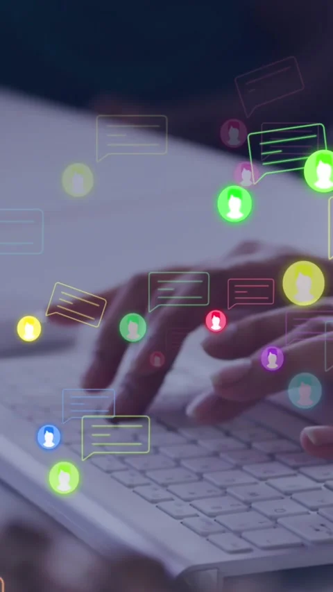 Animation of chat message icons over hands of woman using computer keyboard Stock Footage 343497415