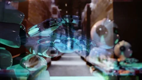 Animation of chatbot robot typing on virtual hud interface keyboard hologram Stock Footage 233499859