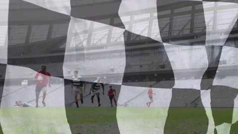 Animation of checkered flag over diverse rugby players at stadium Stock Footage 327901701