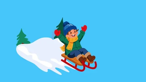 Animation cheerful boy riding sled through winter snow Stock Footage 346374170