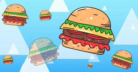 Animation of cheeseburgers with rising white triangles on blue background Stock Footage 329486959