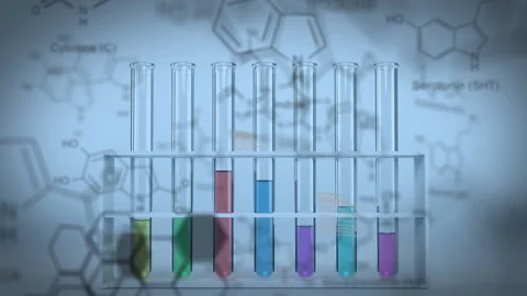 Animation of chemical compound structures against laboratory test tubes 库存影片 146561711