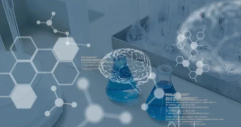 Animation of chemical compound structures, data processing and human brains Vídeo Stock 146561720