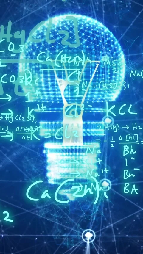 Animation of chemical equations over light bulb and networks on dark background Stock Footage 343780030