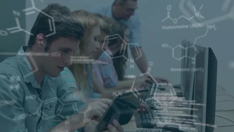 Animation of chemical formula and data processing over diverse students learning Stock Footage 266495551