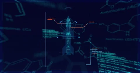 Animation of chemical formula and data processing over rocket blueprint 库存影片 310434982
