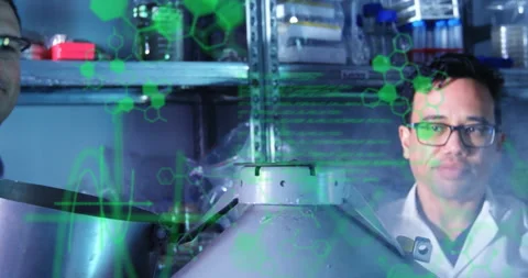 Animation of chemical formula and data processing over diverse scientists doing Stock Footage 310766197