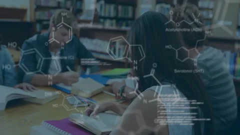 Animation of chemical formula and data processing over diverse students learning Stock Footage 328360610