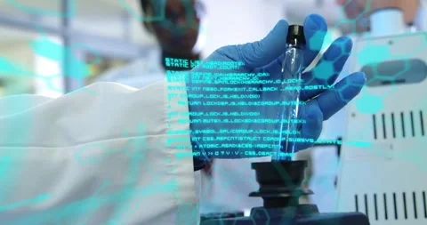 Animation of chemical formula and data processing over diverse scientists doing Stock Footage 329032218
