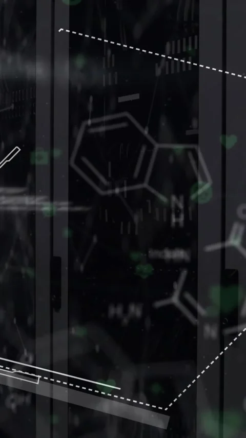 Animation of chemical formula and data processing over server room Stock Footage 343159155