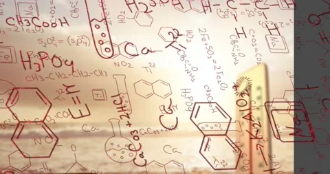 Animation of chemical formula over thermometer and sea landscape Stock Footage 216836281