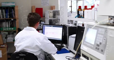 Animation of chemical formulas over back view of caucasian male lab worker using Stock Footage 329367831