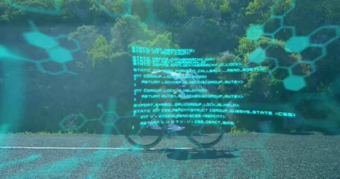 Animation of chemical models and data processing over caucasian woman riding Stock Footage 328300260