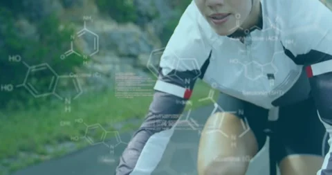 Animation of chemical models and data processing over caucasian woman riding Stock Footage 329372498