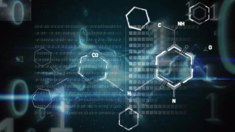 Animation of chemical structures and binary coding against blue digital wave and Stock Footage 248503077