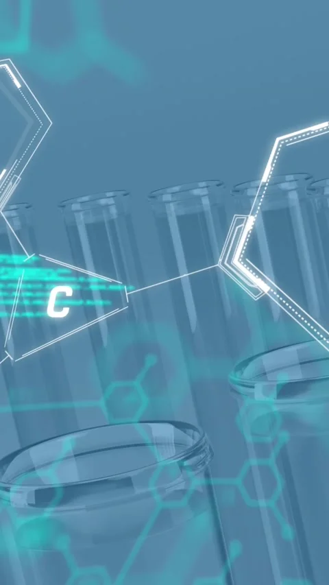 Animation of chemical structures and data processing over test tubes against Stock Footage 321038902