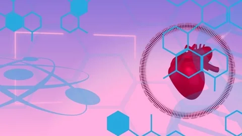Animation of chemical structures and data processing over heart icon on blue 库存影片 329687692