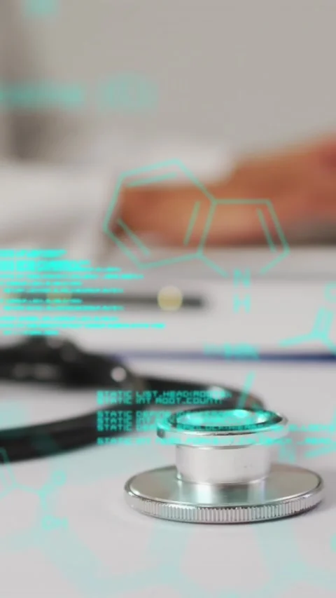 Animation of chemical structures and data processing over female doctor using Stock Footage 342595059