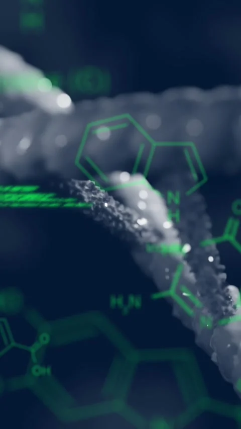 Animation of chemical structures and data processing over dna strand spinning Stock Footage 342801735