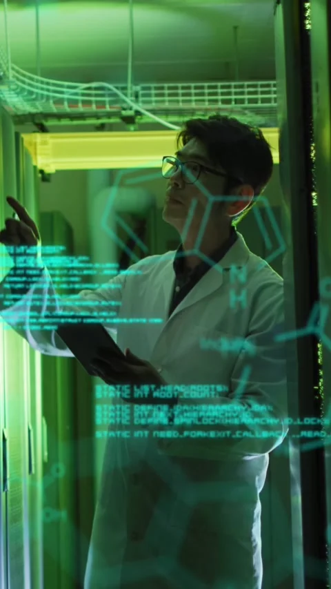 Animation of chemical structures and data processing over asian male engineer Stock Footage 343644902