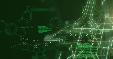Animation of chemical structures, circuit board and data processing Stock Footage 330469510