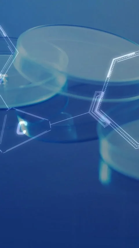 Animation of chemical structures data processing over laboratory dishes on blue Stock Footage 319513969