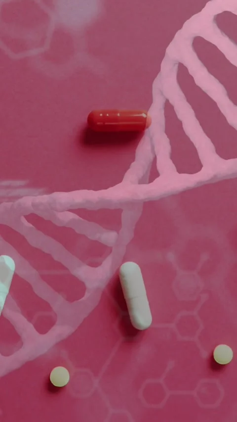 Animation of chemical structures, data processing and dna strand over pills Stock Footage 342704613