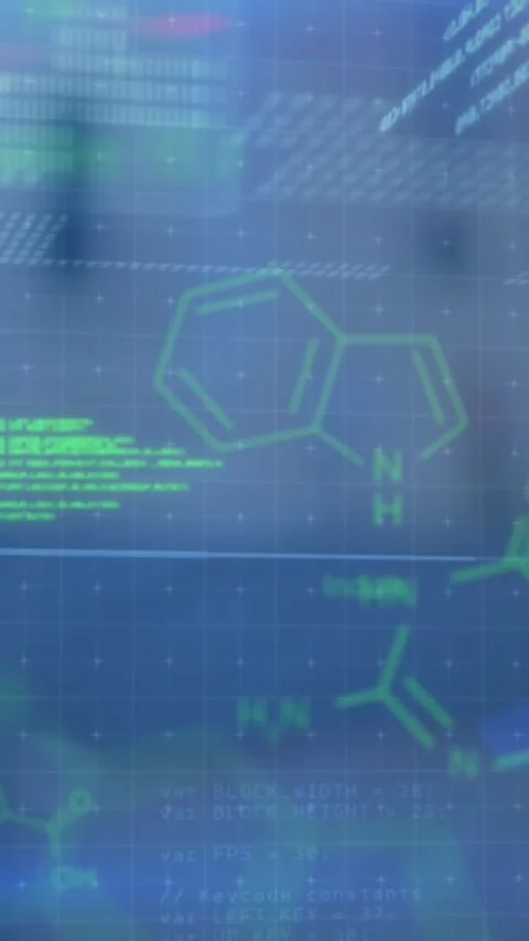 Animation of chemical structures, data processing and light spots over people 動画素材 344678701