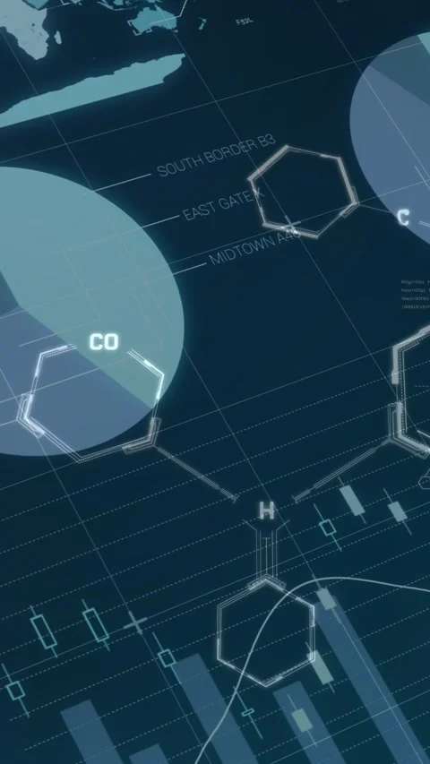 Animation of chemical structures, financial data processing over statistics on Stock Footage 342641748