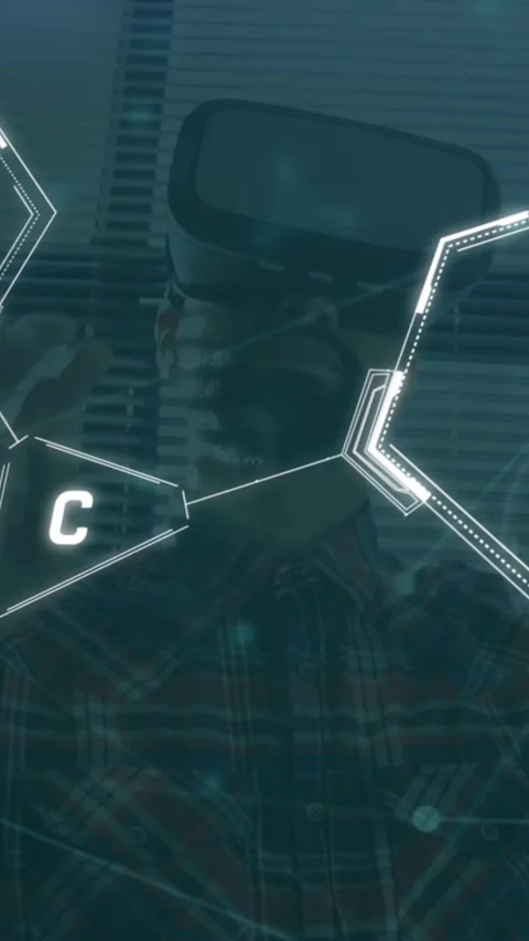 Animation of chemical structures over man wearing vr headset at office Stock Footage 344402527