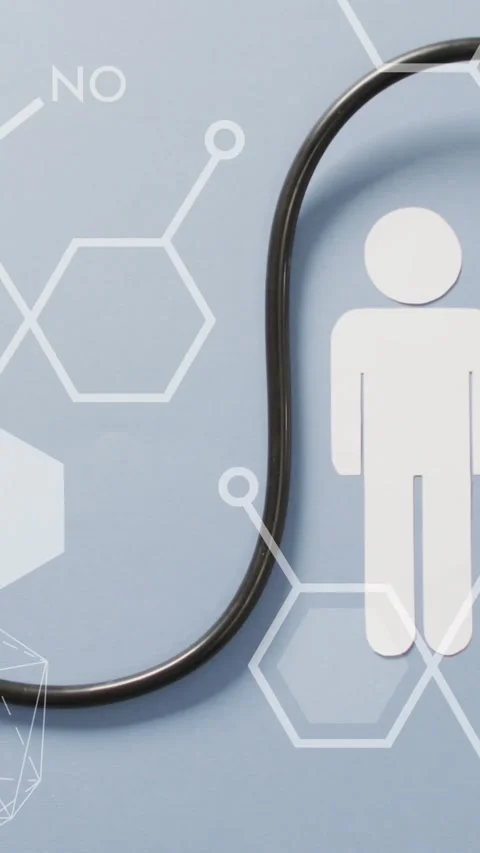 Animation of chemical structures over stethoscope and human icon Stock Footage 342643327