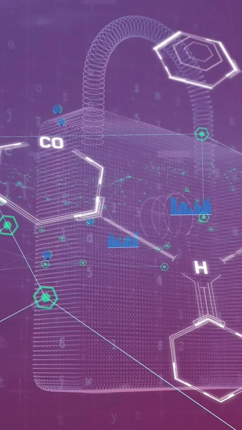 Animation of chemical structures, security padlock and network of digital icons Stock Footage 344693850