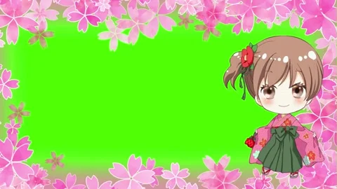 Animation of cherry blossom frame and talking girl. Green background Stock Footage 314354015