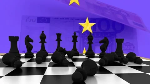 Animation of chess figures over flag of eu and banknotes Stock Footage 327781703