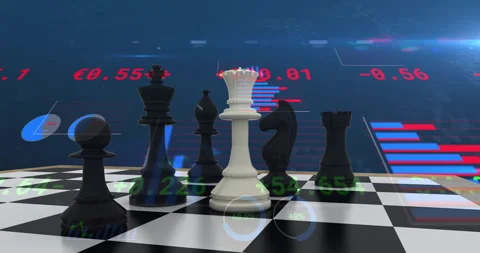Animation of chess game over graphs and charts processing data on dark Vídeo Stock 263918682