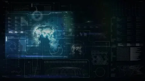Animation of chevron pattern over digital screen with globe and diverse data Stock Footage 327901571