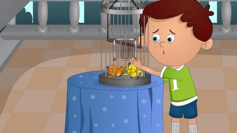 In the animation, a child opens the cage, and the birds gracefully take flight Stock Footage 303633938