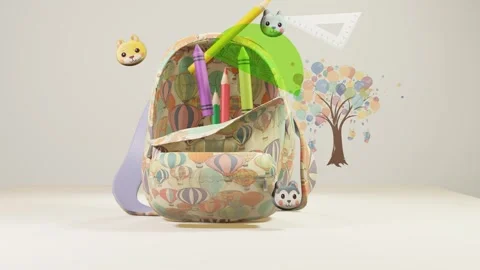 Animation: child's school backpack unzips, unleashing pencils, crayons, notepad Stock Footage 246222677