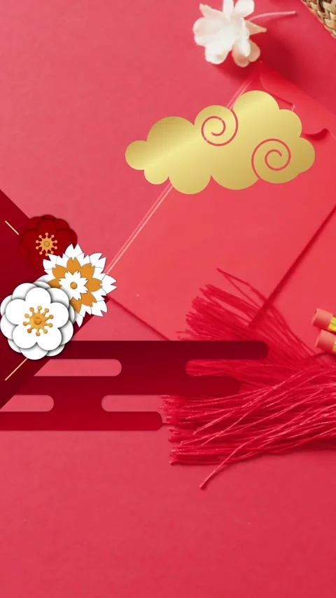 Animation of chinese pattern and blossom and orange decoration on red background Stock Footage 343545408