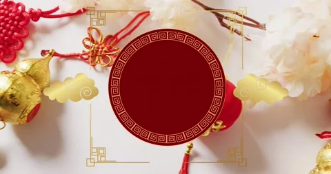 Animation of chinese pattern and clouds decoration on red background Stock Footage 221281584
