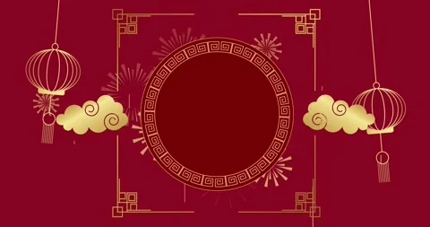 Animation of chinese pattern and clouds decoration on red background Stock Footage 328707303