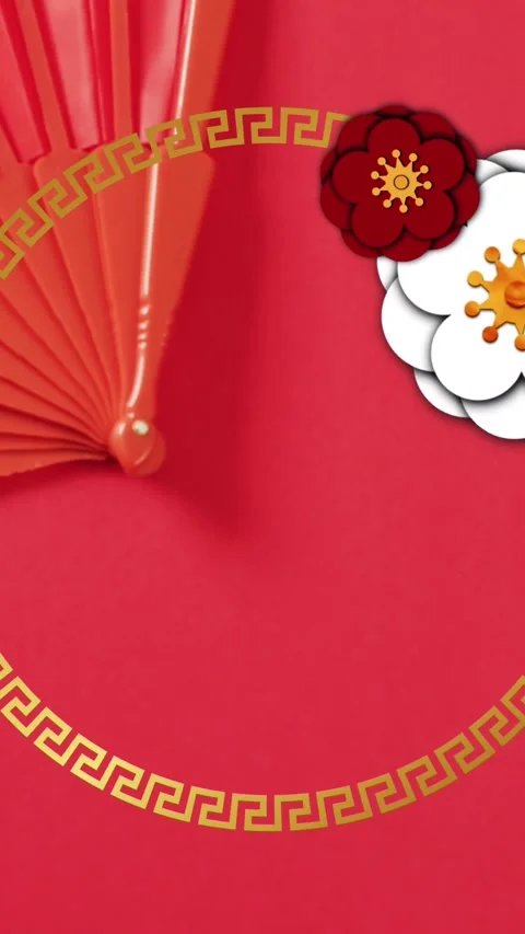 Animation of chinese pattern and flowers decoration on red background Stock Footage 343545422