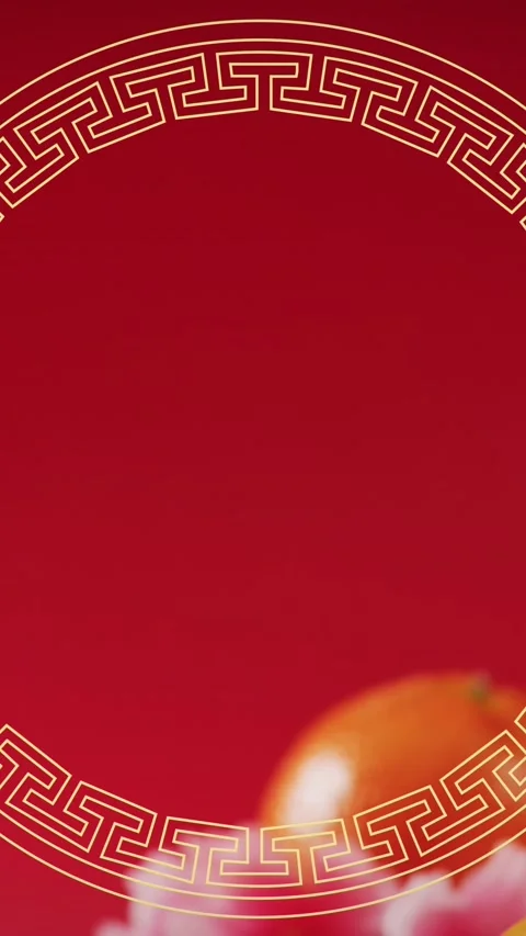 Animation of chinese pattern and orange decoration on red background Stock Footage 343498315